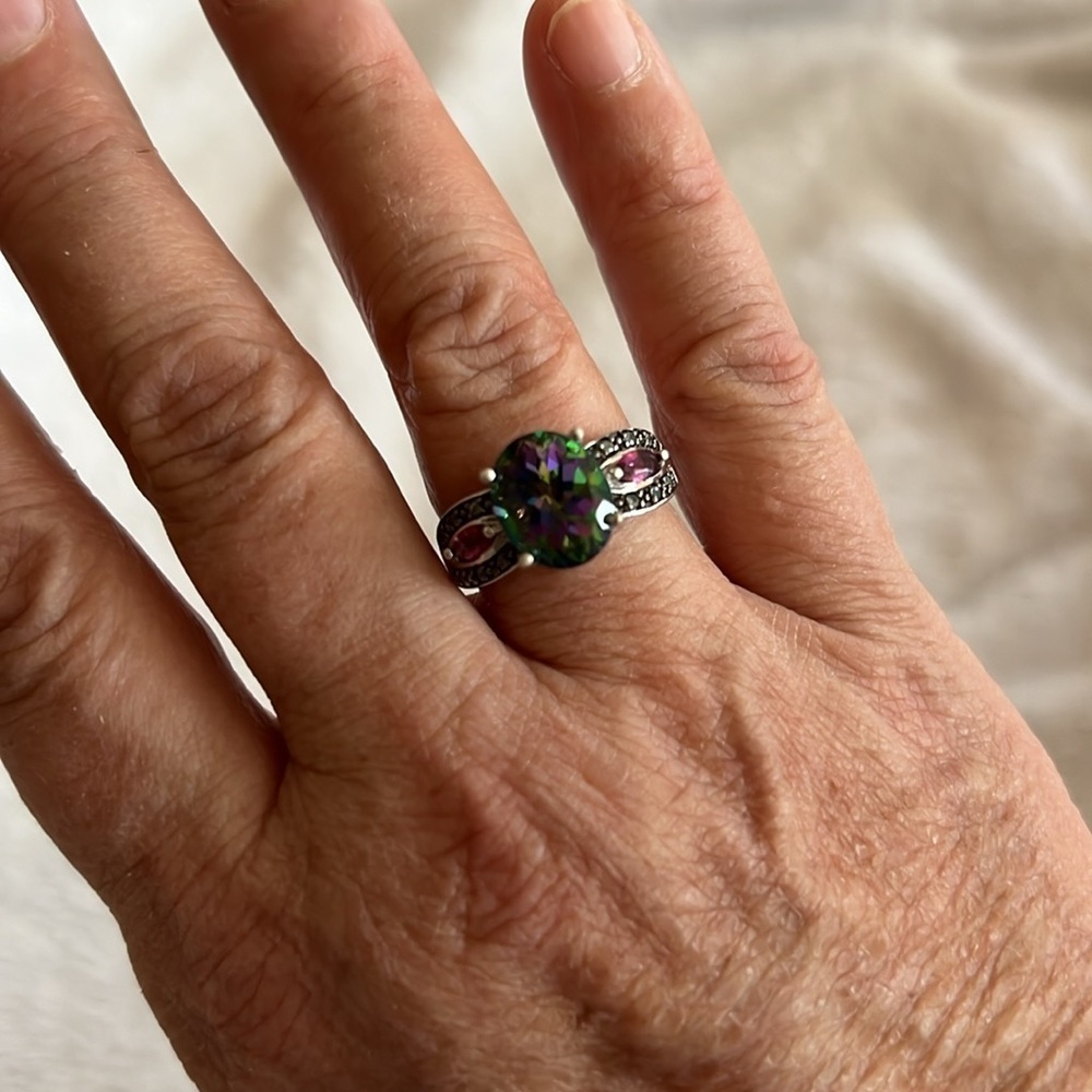Stunning Mystic Topaz & Pink Gemstone Silver Ring – Vintage-Inspired Statement - Picture 2 of 4